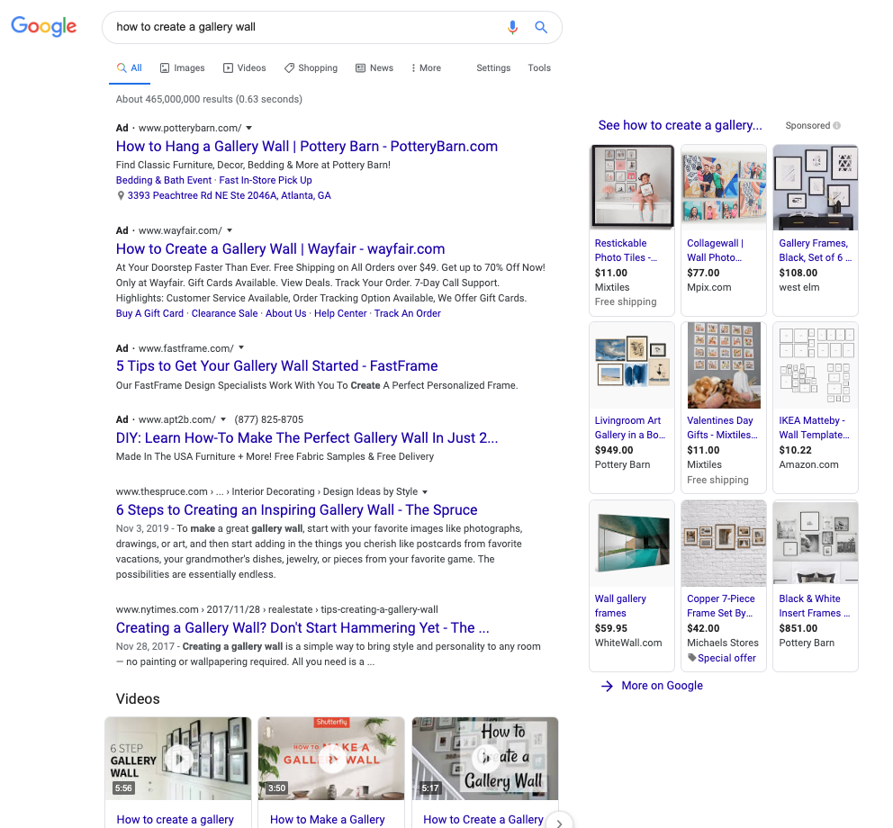 Paid and organic search results on the SERP for a query about creating a gallery wall