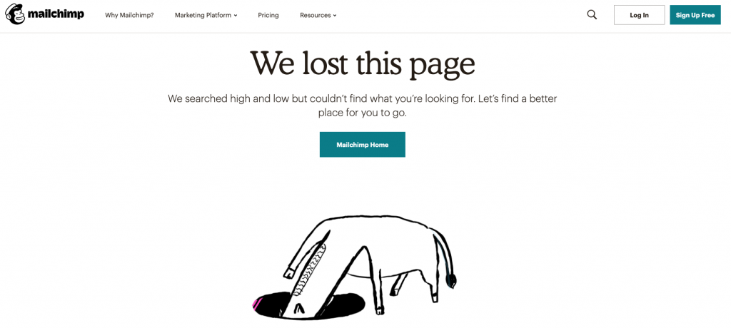 A 404 error page from Mailchimp