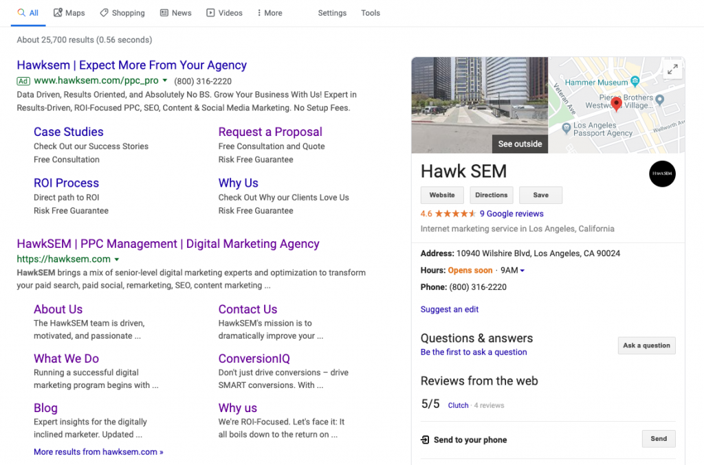 How HawkSEM’s Google My Business page looks on the SERP