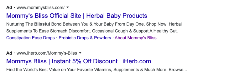 Straightforward ad copy from Mommy’s Bliss, a company that sells wellness products for moms and babies