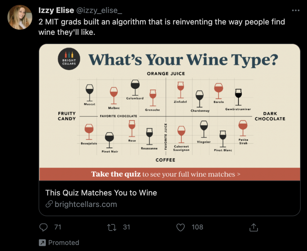 An example of a promoted tweet for monthly wine club Bright Cellars on Twitter.