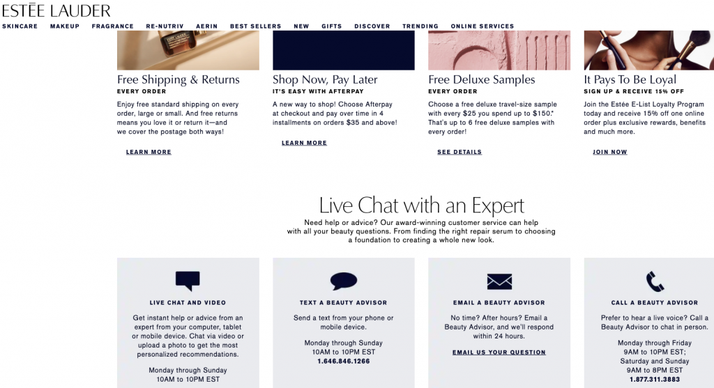 Estée Lauder offers live chat and video options on their site.