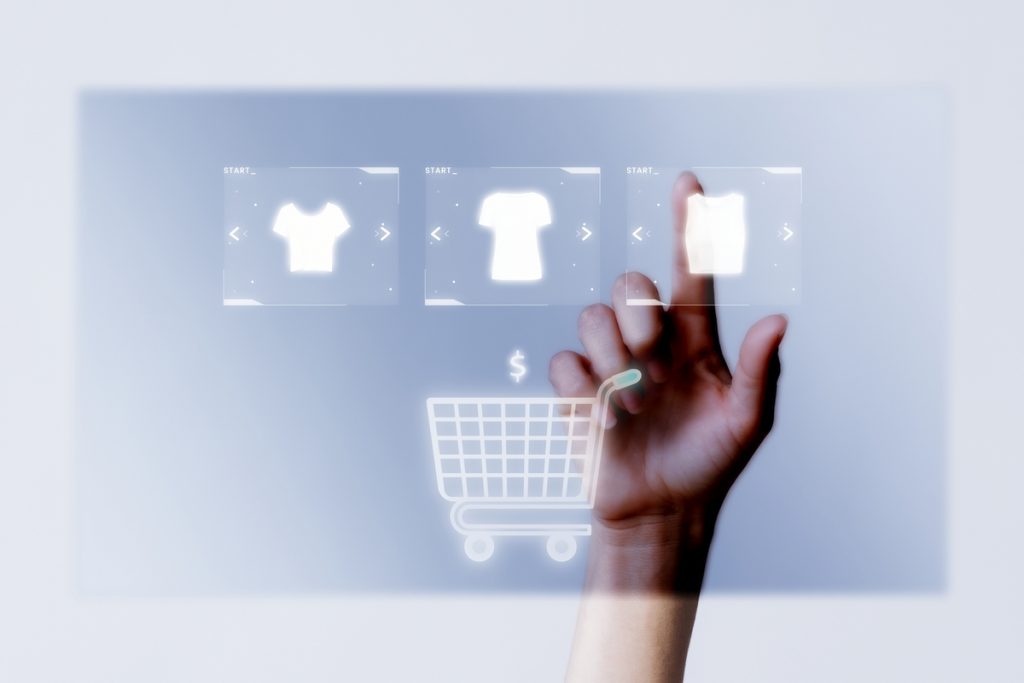 Person adding clothes psd to cart closeup for virtual shopping campaign