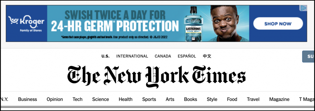 new york times homepage - display ad