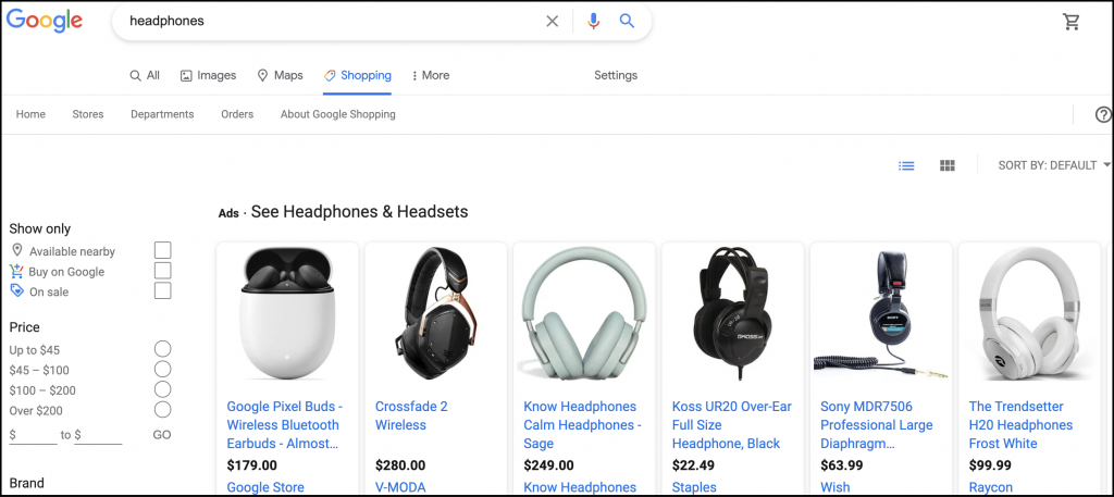 a look at Google Shopping ads for headphones