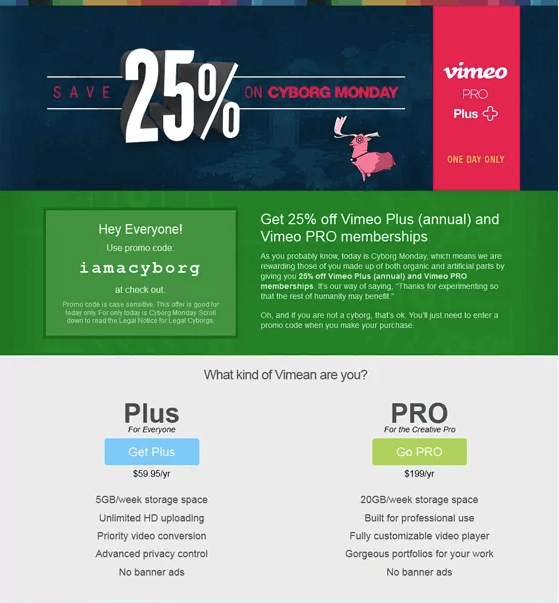 Vimeo discount holiday landing page