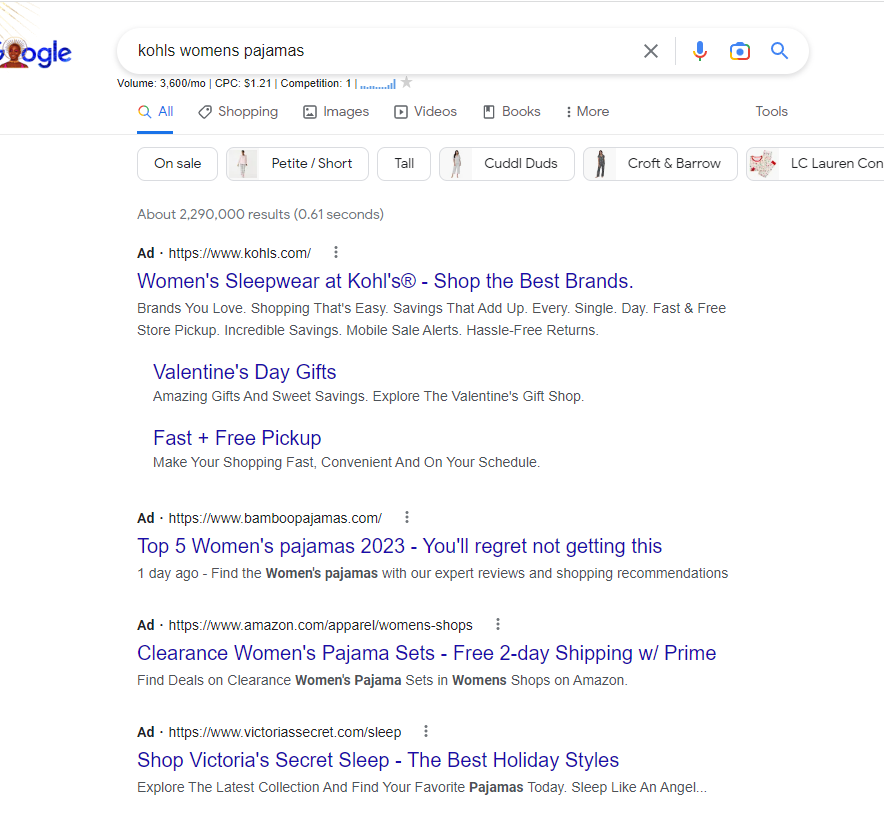 Kohls results on the SERP