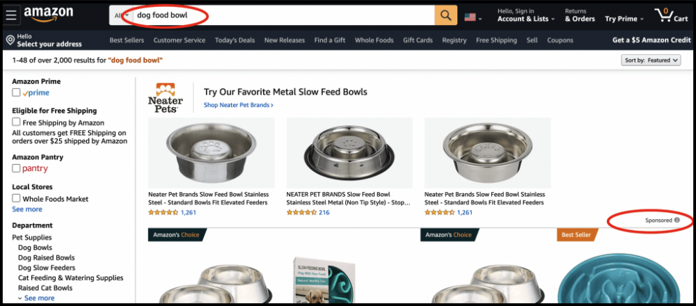 sponsored ad results for a dog food bowl