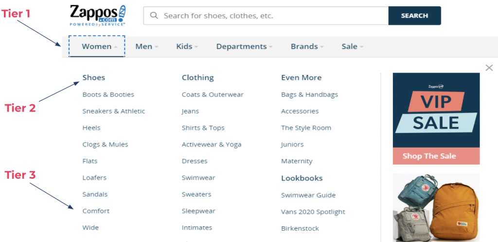 Zappos tiered navigation