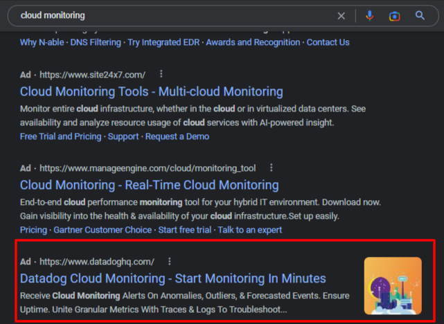 Datadog’s ad that appears for the term “cloud monitoring,” targeting BoFu customers.