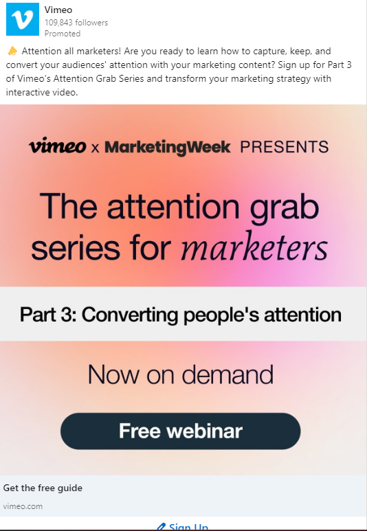 Vimeo ad offering a free webinar