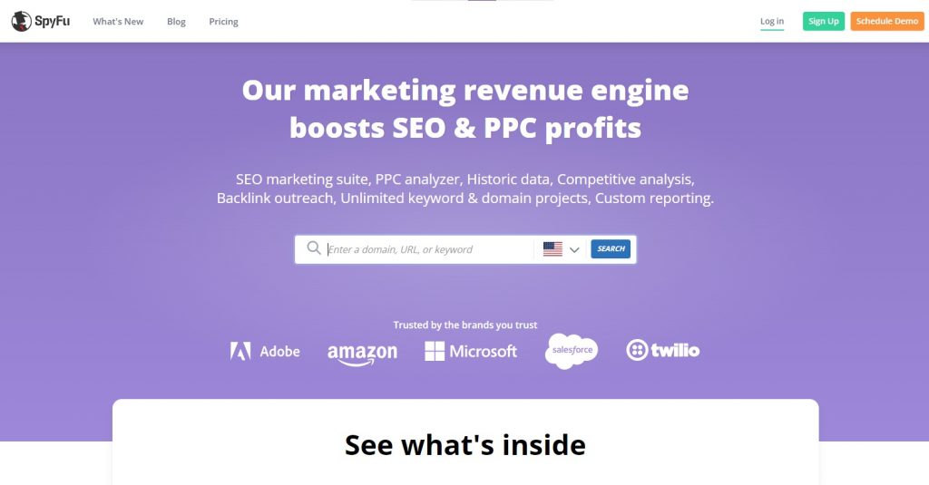 Spyfu marketing tool website homepage