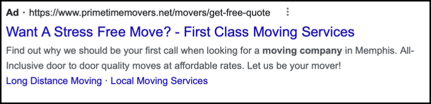 moving company paid search ad
