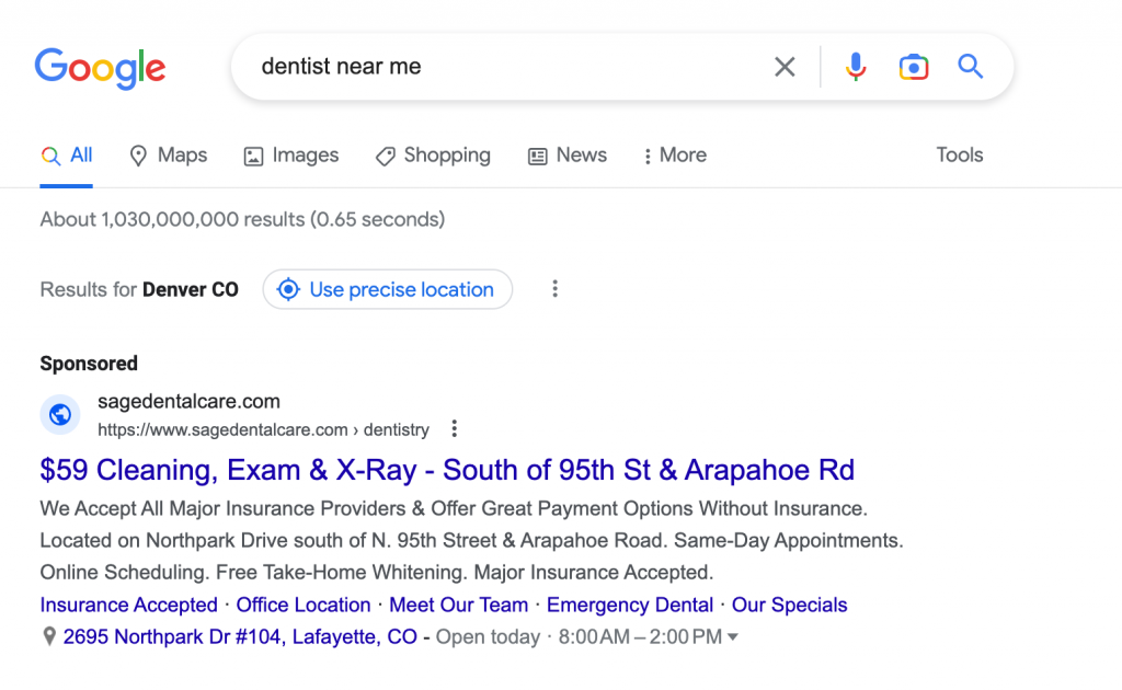 Google ads local ad for dentist