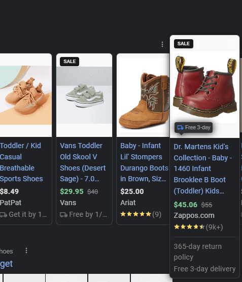 ad extensions for baby shoes on the SERP