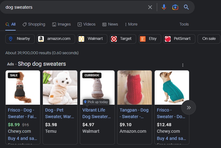 google shopping results for dog sweaters