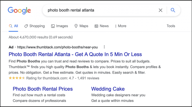 Google search results for "photo booth rental atlanta"