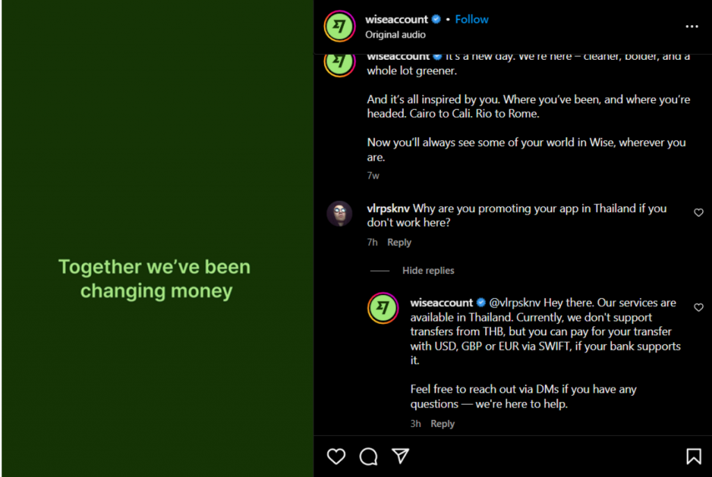 wise instagram post comment section