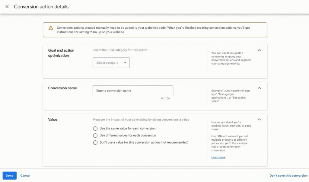 Google Ads name your conversion and add a value.