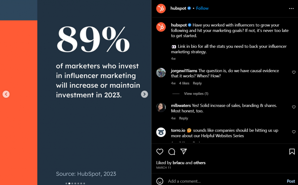 Repurposing content marketing example with Instagram post from Hubspot