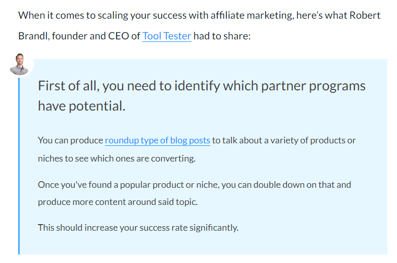 Affilimate content marketing example of sourcing original quotes in an article