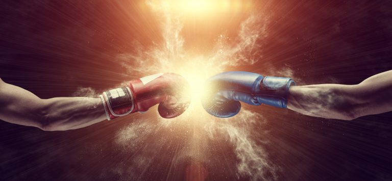 Two hands in boxing gloves. Sports confrontation. 3d image