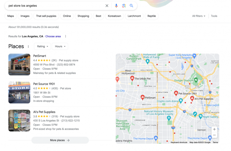 pet store los angeles local seo screenshot