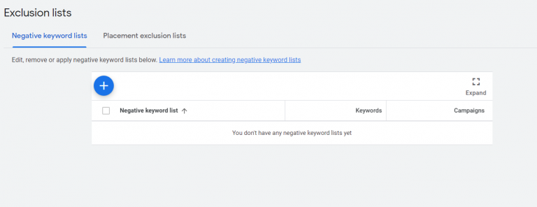 Negative keyword lists feature in Google Ads