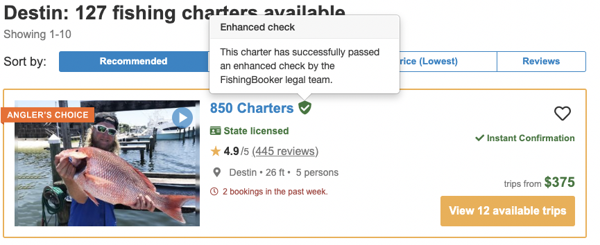 An example of trust badges for captains on FishingBooker's website