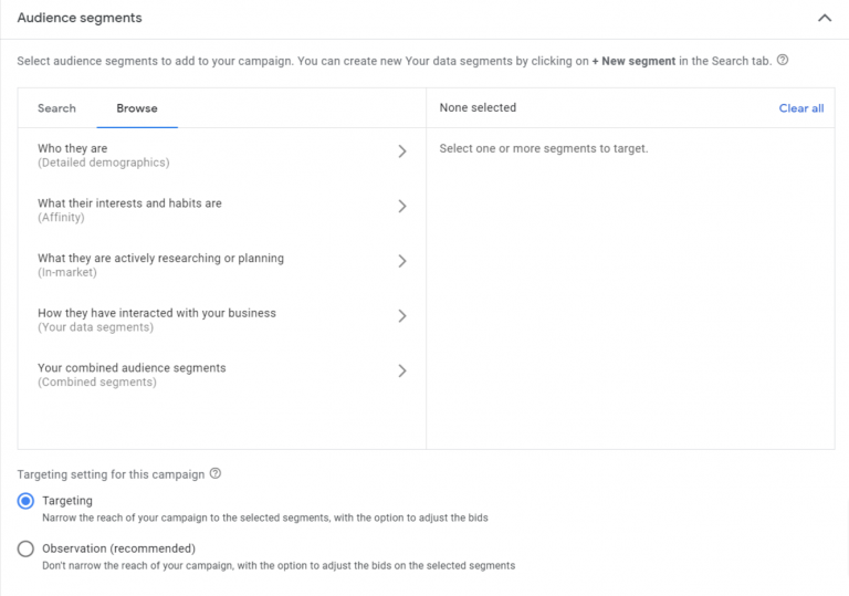 Google Ads audience targeting settings