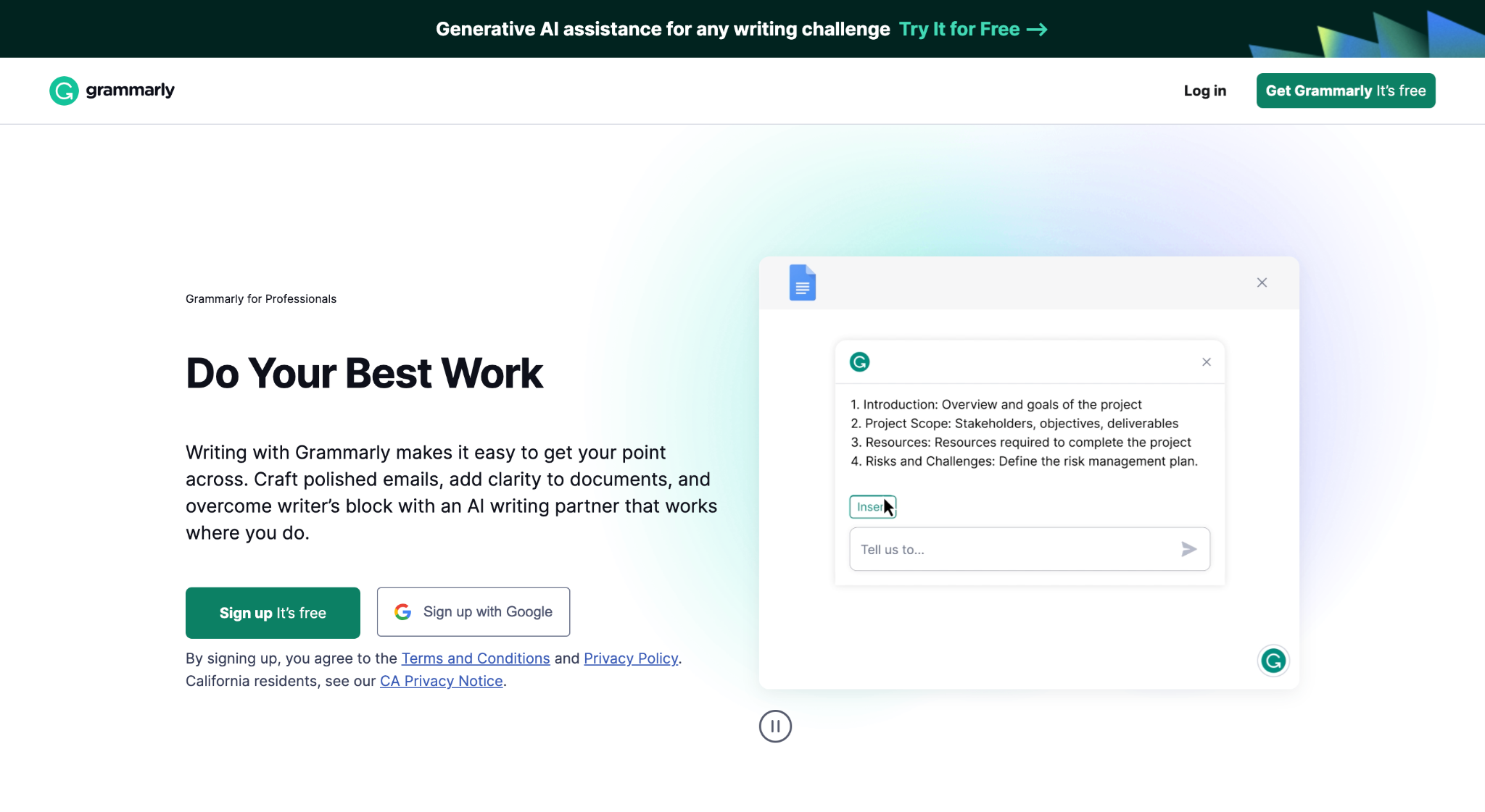 A screenshot example of a SaaS landing page on Grammarly's website.