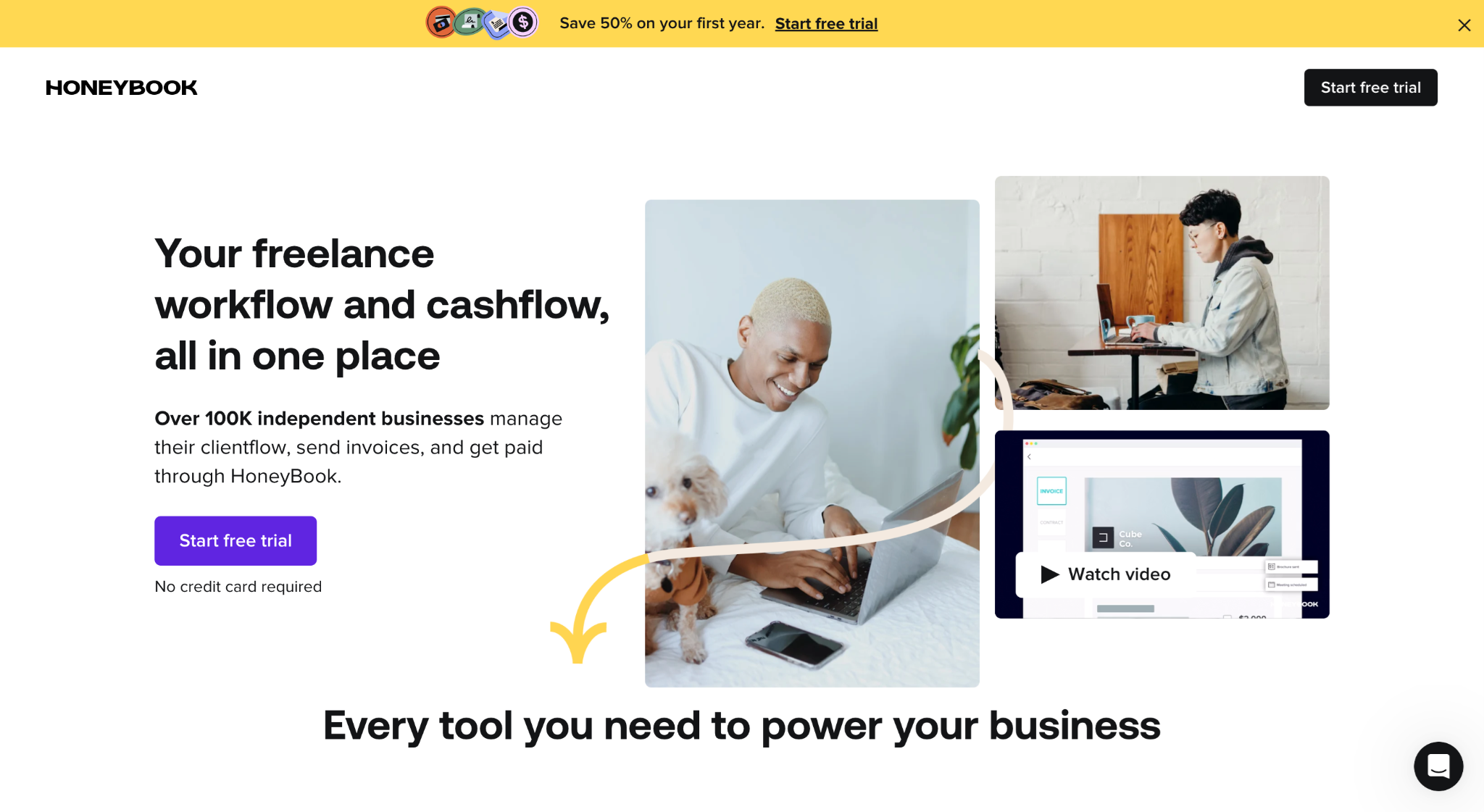 An example of a SaaS landing page on the Honeybook website.