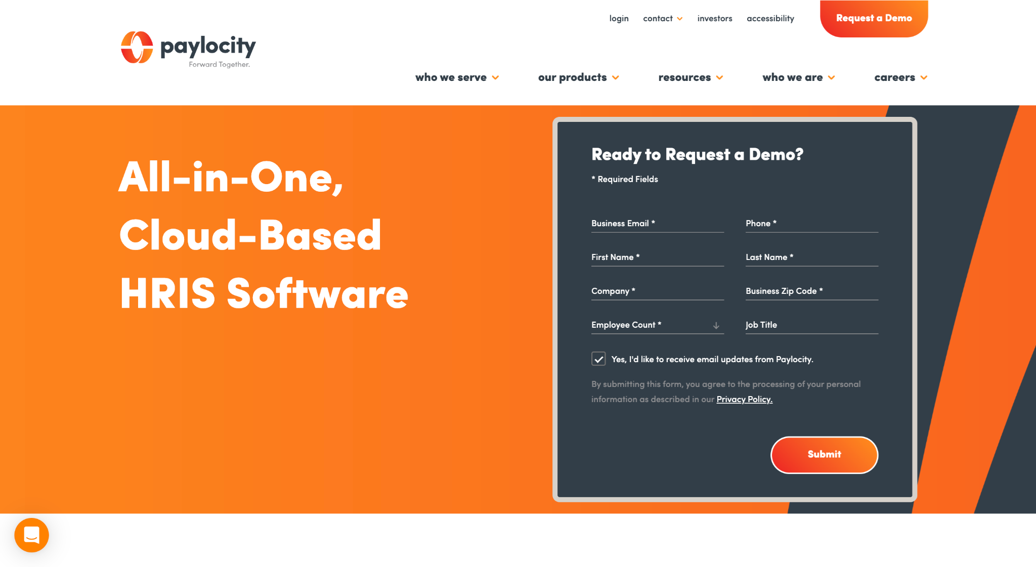 An screenshot of Paylocity's Saas landing page.