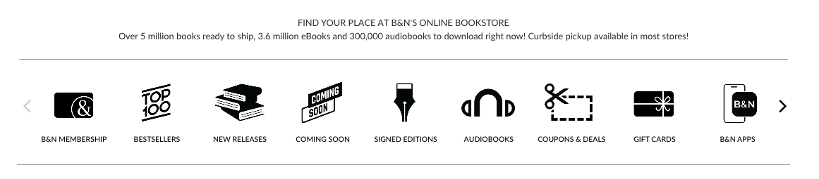 Quick navigational links on the Barnes and Noble landing page