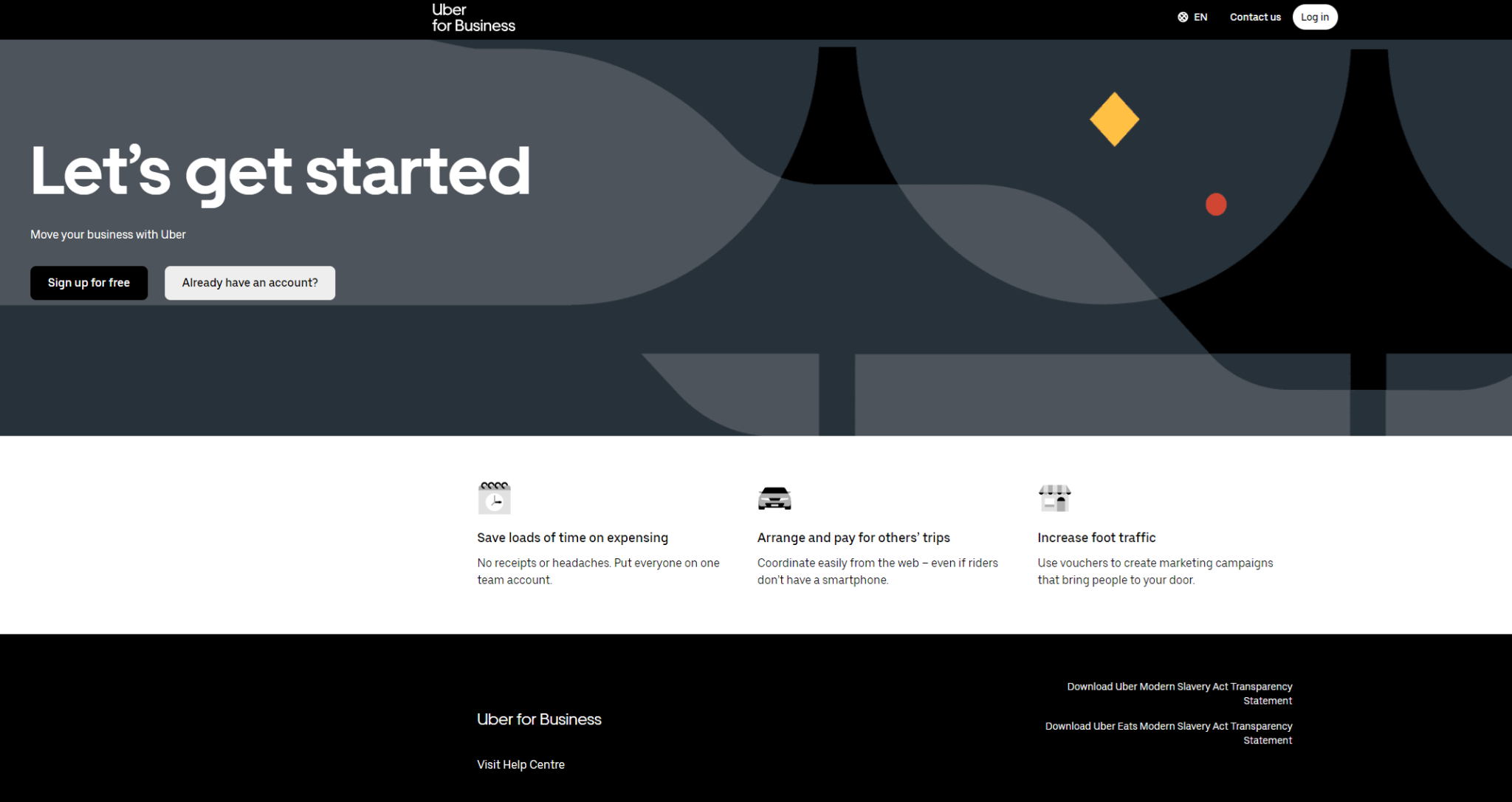 Uber for Business B2B landing page