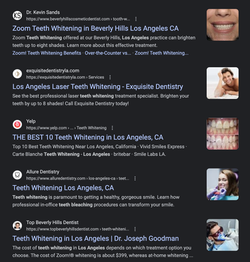 Organic Google search for teeth whitening in Los Angeles