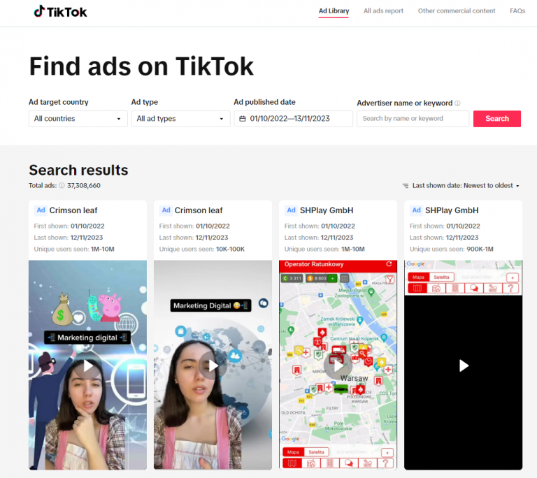 Homepage of the TikTok Ads Library