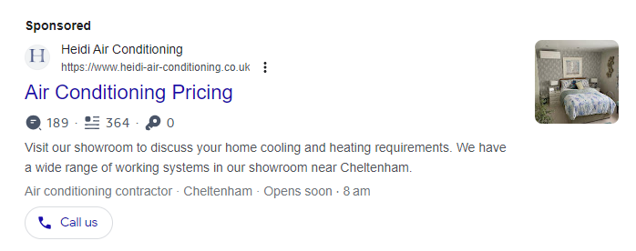 Example of an HVAC Google Search Ad with a ‘call’ asset