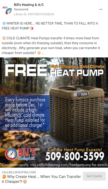 Example of a seasonal HVAC advert on Facebook