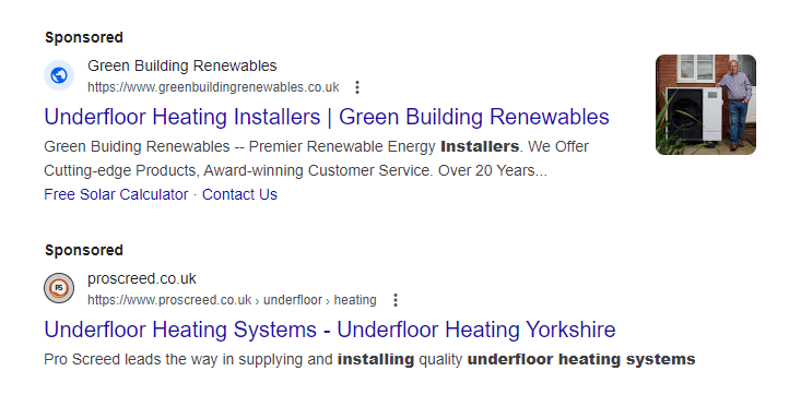 Example of a Google Search Ad for the keyword “underfloor heating installation”