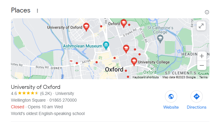 University of Oxford in the Google Map pack results