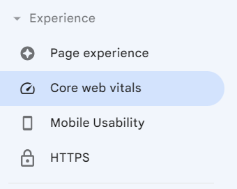 Navigation bar in Google Search Console showing core web vitals