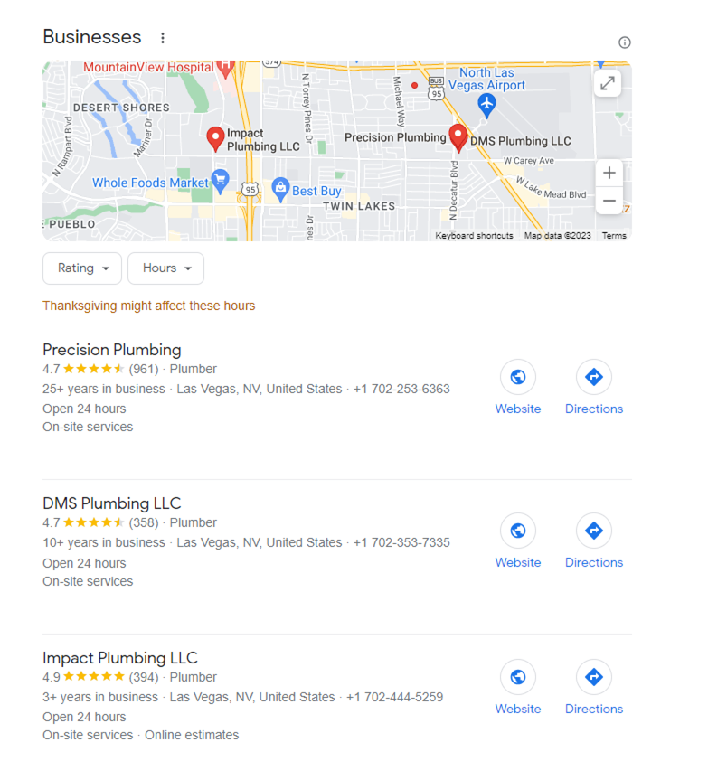 Google Map Pack for the query “Plumbers in Las Vegas”
