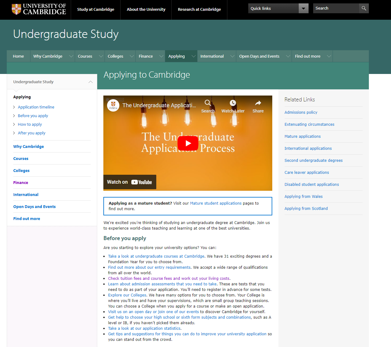Applying to Cambridge” page on the University of Cambridge website