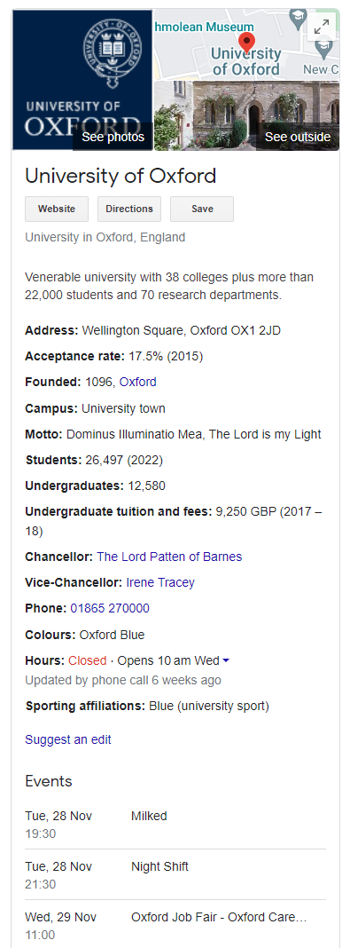 Google Business Profile for the University of Oxford