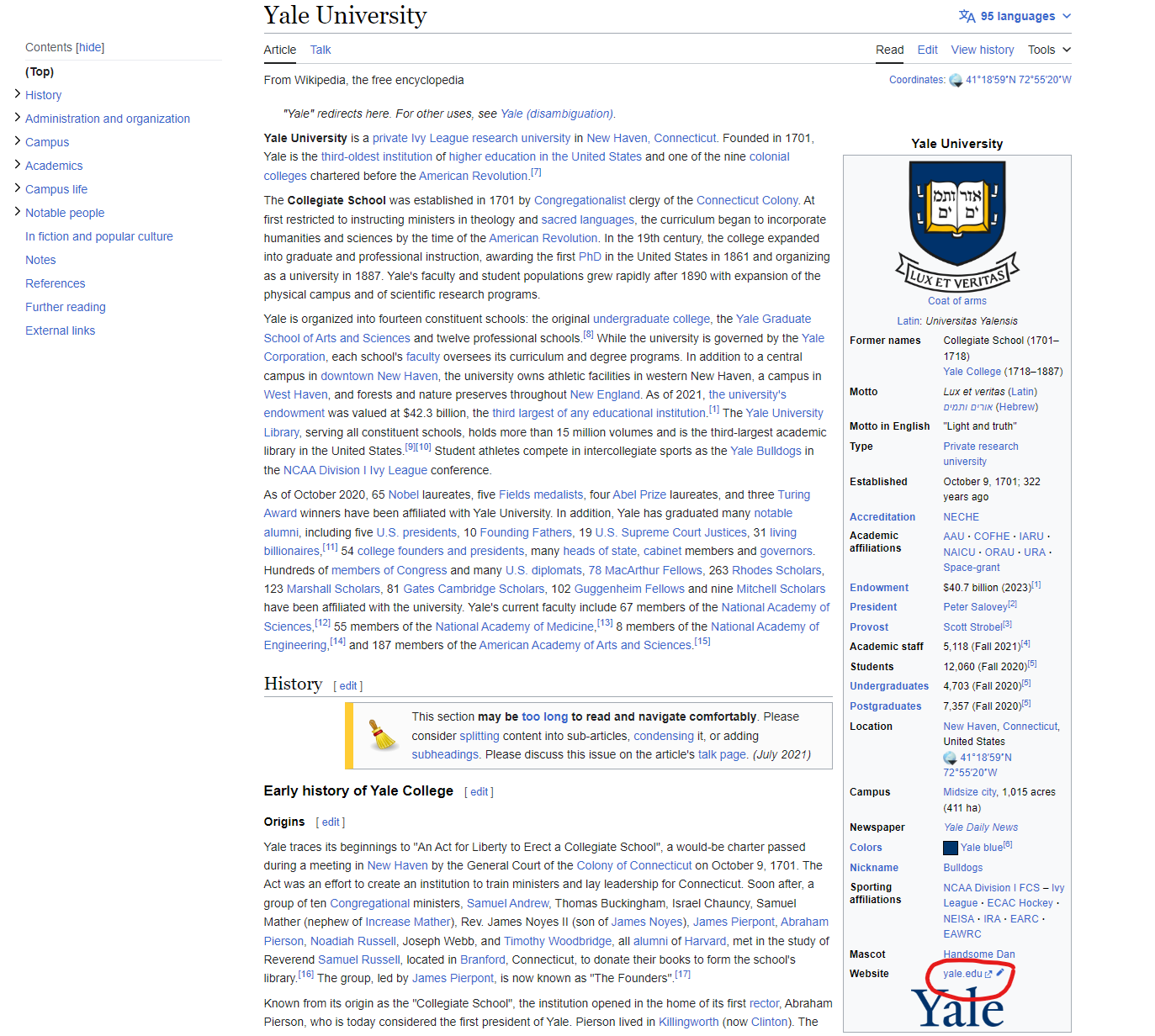 Wikipedia entry for Yale University