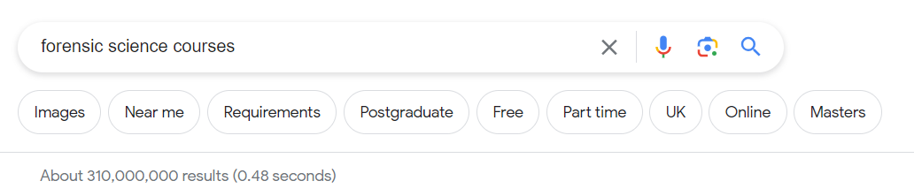 Google search bar with the keyword “forensic science courses”