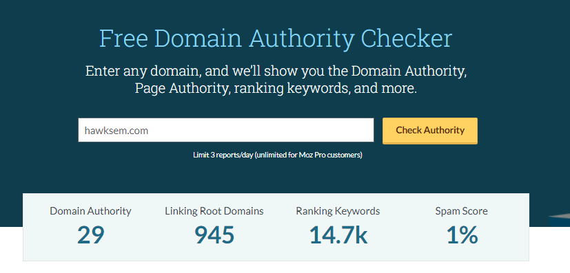 Moz domain authority report for HawkSEM.com