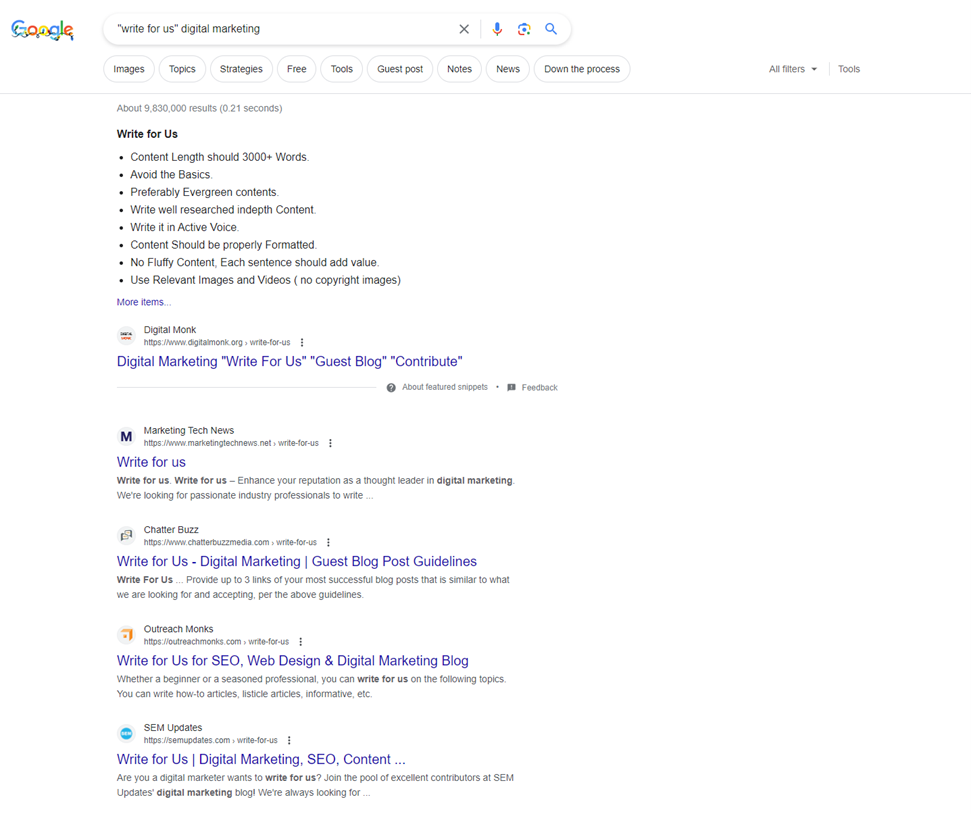 Google Search for the keyword “write for us” and digital marketing