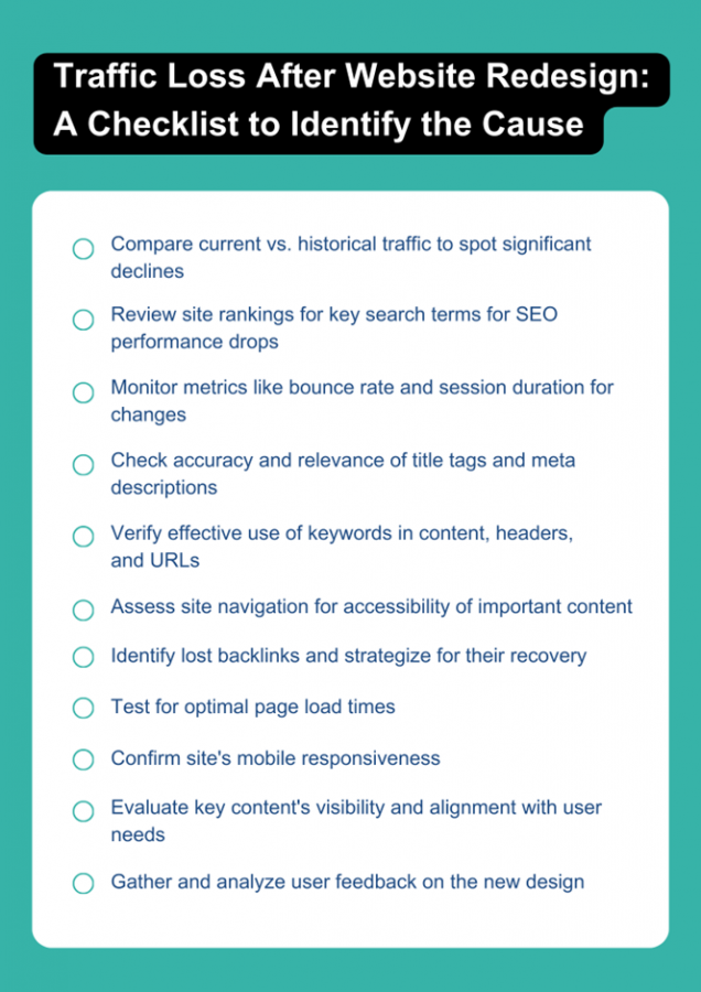 Checklist to find the causes of website redesign traffic loss